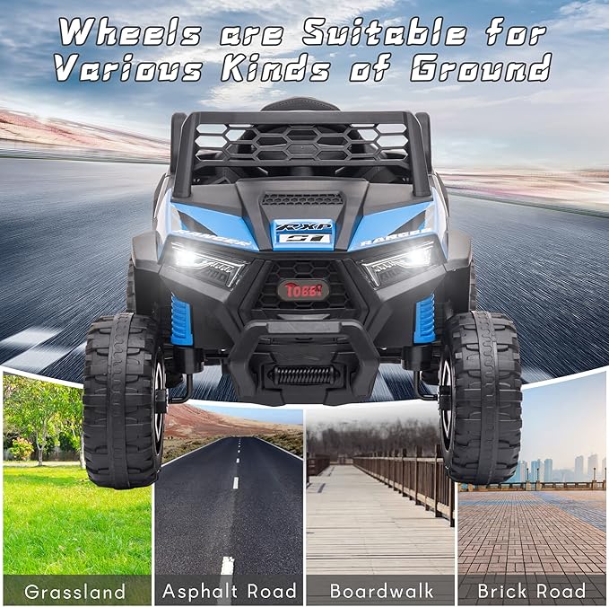 TOBBI 12V Kids Ride on Car, Electric Off-Road UTV Truck with Forward and Reverse Functions, Double Open Doors, Safety Belt, Horn, Music, and Lights for Kids Aged 3-5 Years (Blue)