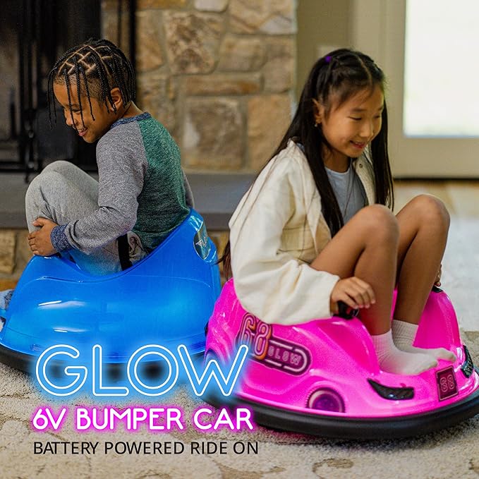 Flybar 6V Blue Glow Bumper Car for Kids – LED Ride-On Toy with 360° Spin, Rechargeable Battery, and Soft Rubber Bumpers – Safe Indoor Fun for Toddlers Ages 1.5+, Up to 66 lbs