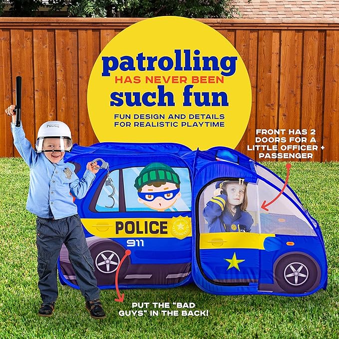 Police Car Pop Up Play Tent with Sound Button and Policeman Officer Costume for Kids, Toddlers, Boys, Girls, Indoors & Outdoors – Playhouse for Interactive Fun - Foldable, Quick Setup Pretend Play