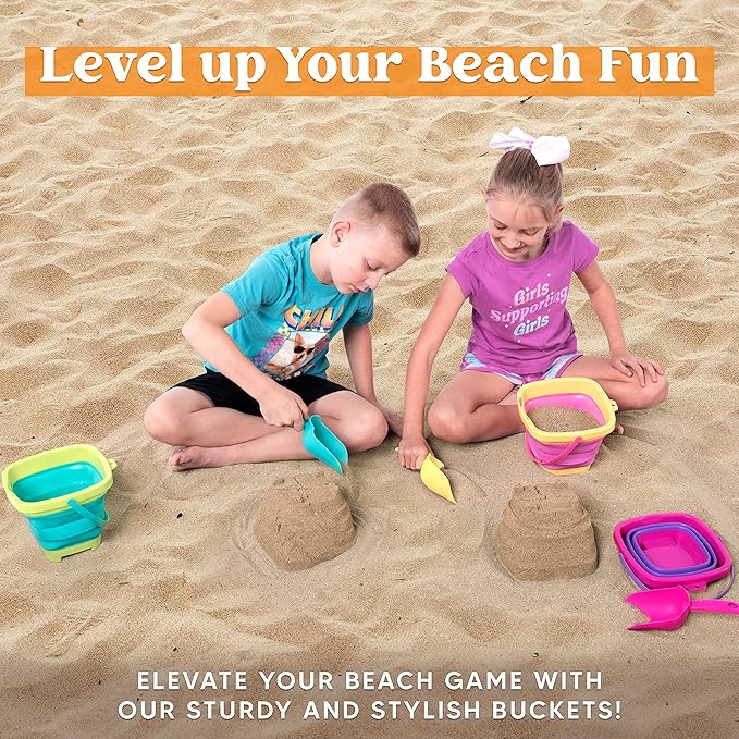 Sloosh 3 Packs Foldable Bucket - Collapsible Bucket with Sand Shovels and Mesh Backpack for Kids Toddlers Beach Toys, Easter Egg Hunt, Camping, Travelling and Fishing Water Pail (Pink/Purple/Green)