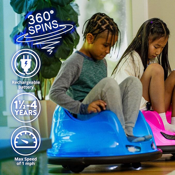 Flybar 6V Blue Glow Bumper Car for Kids – LED Ride-On Toy with 360° Spin, Rechargeable Battery, and Soft Rubber Bumpers – Safe Indoor Fun for Toddlers Ages 1.5+, Up to 66 lbs