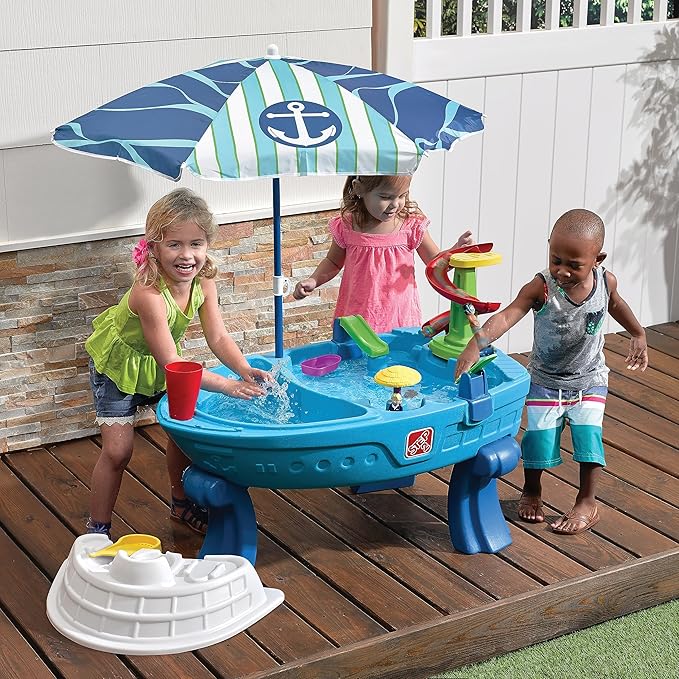 Step2 Fiesta Cruise Sand & Water Table with Umbrella, Kids Activity Sensory Playset, Summer Outdoor Toys, 10 Piece Water Toy Accessories, for Toddlers 2+ Years Old