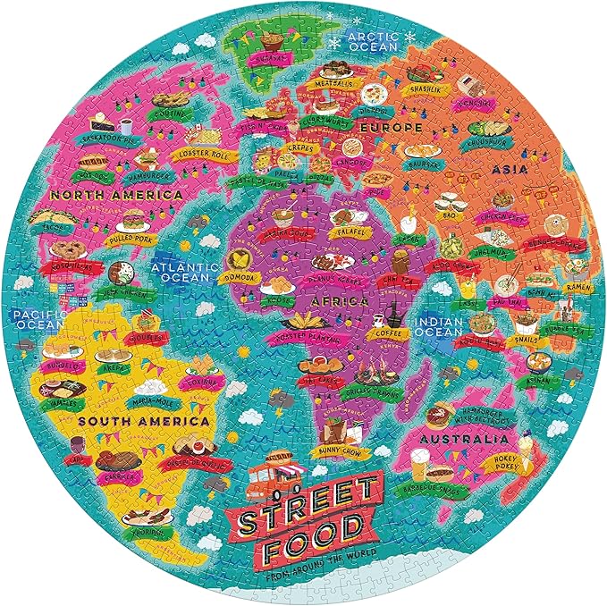 Ridley's Street Food Lover’s 1,000-Piece Jigsaw Puzzle – Circular Food Puzzle with Informational Image About Different Country’s Food, Sturdy Storage Tube Included – Activity Puzzle