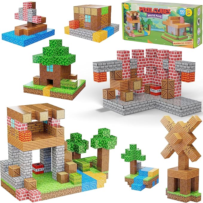 100PCS Magnetic Pixel Cubes World Pack STEM Building Blocks for Kids Montessori Educational Toys Fidget Sensory Set Construction Stacking Toy for Kids 3+ Boys and Girls Christmas Birthday Gifts