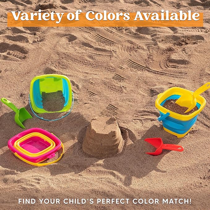 Sloosh 3 PCS Foldable Buckets with 3 Shovels Sand Water Bucket Sandbox Square Party in Summer Foldable Pail Silicone Collapsible Bucket Kids Beach Toys Travel (Yellow/Blue/Green)