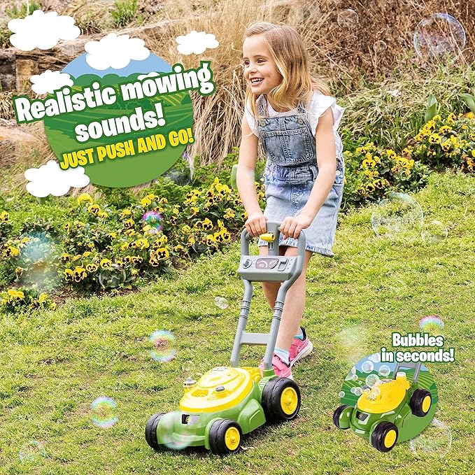 John Deere Bubble Lawn Mower for Toddlers, Bubble Blowing Machines, Indoor and Outdoor Gardening Toy, Birthday, Party Favor for Preschool Girls and Boys, No Batteries Required, 2+