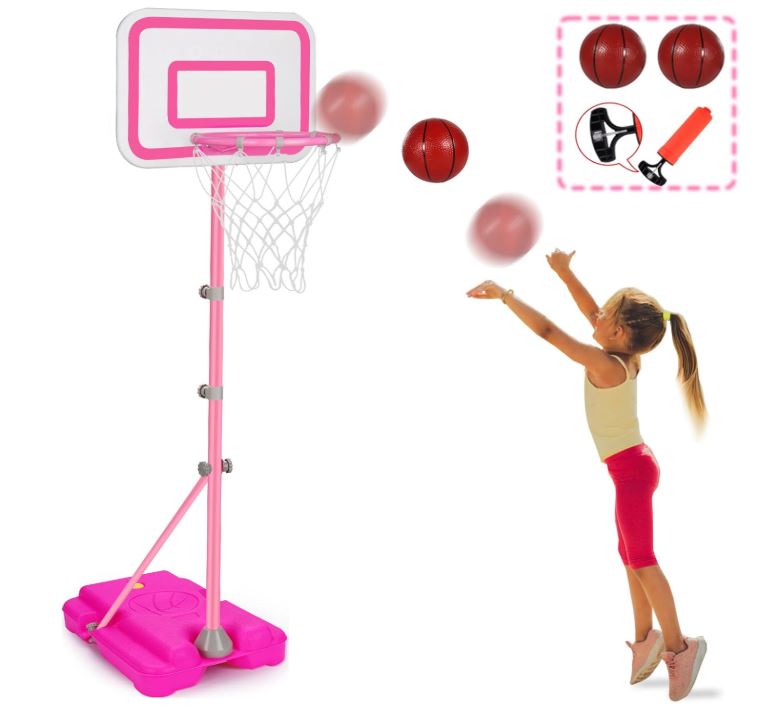 Toddler Basketball Hoop for Girls Pink Basketball Goals Adjustable Height 2.9ft-6.2ft Portable Kids Basketball Hoop Indoor Outdoor Play Outside Backyard Toys for 3 4 5 6 Year Old Girl Birthday Gift