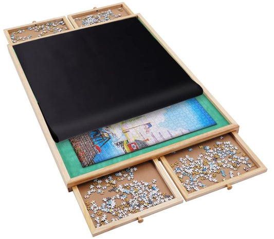 1500 Pieces Wooden Jigsaw Puzzle Board with 4 Drawers for Storing Puzzles, 26” x 35” Large Portable Jigsaw Puzzle Table with Puzzle Cover, Non-Slip Plateau Work Surface for Adults