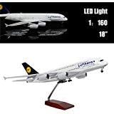 24-Hours 18” 1:160 Scale Model Airplane Model Plane Lufthansa A380 Plane Model Kits with LED Light(Touch or Sound Control) for Business Gift