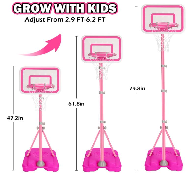 Toddler Basketball Hoop for Girls Pink Basketball Goals Adjustable Height 2.9ft-6.2ft Portable Kids Basketball Hoop Indoor Outdoor Play Outside Backyard Toys for 3 4 5 6 Year Old Girl Birthday Gift