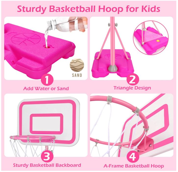 Toddler Basketball Hoop for Girls Pink Basketball Goals Adjustable Height 2.9ft-6.2ft Portable Kids Basketball Hoop Indoor Outdoor Play Outside Backyard Toys for 3 4 5 6 Year Old Girl Birthday Gift