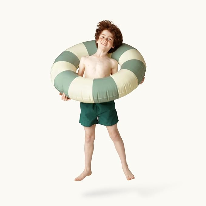 Petites-Pommes Red and White Striped Pool Tube for Kids - Durable Inner Tube, Handprinted Classic Striped Design Pool Donuts, Soft Comfort Seaming, Packable Floats for Travel, Dusty Green, 35 inch