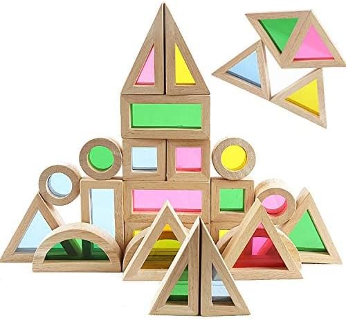 Agirlgle Wood Building Blocks Set for Kids 24 Pcs Rainbow Stacker Stacking Game Construction Toys Set Preschool Colorful Learning Educational Toys - Geometry Wooden Blocks for Boys & Girls