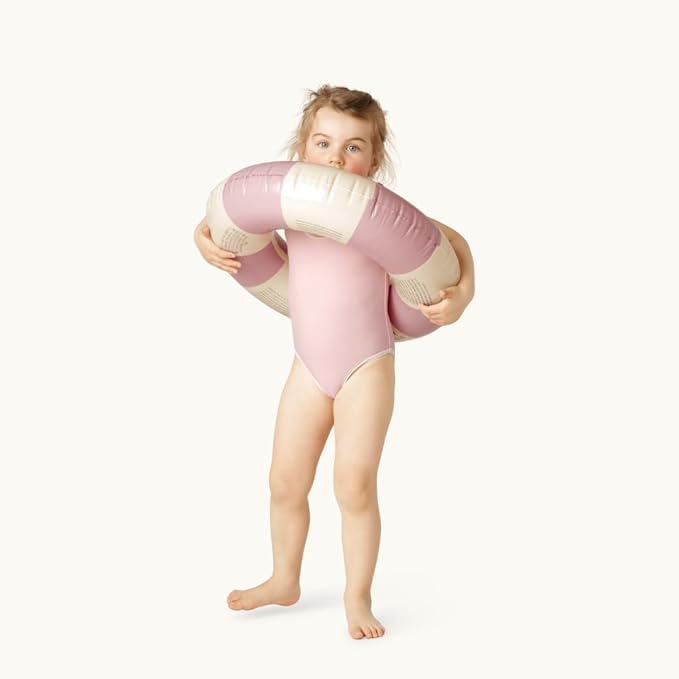 Petites-Pommes Donut Pool Float for Kids & Toddlers - Durable Inner Tube, Handprinted Classic Striped Design Swimming Tube, Soft Comfort Seaming, Packable Floats for Travel, Baby Pink, 24 inch
