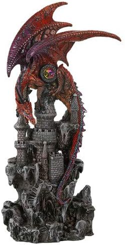 Pacific Giftware Guardian Dragon Protecting Castle with Rhinestone Rock Crystal Tabletop Decor Collectible Figurine Gift (12.75" Red)