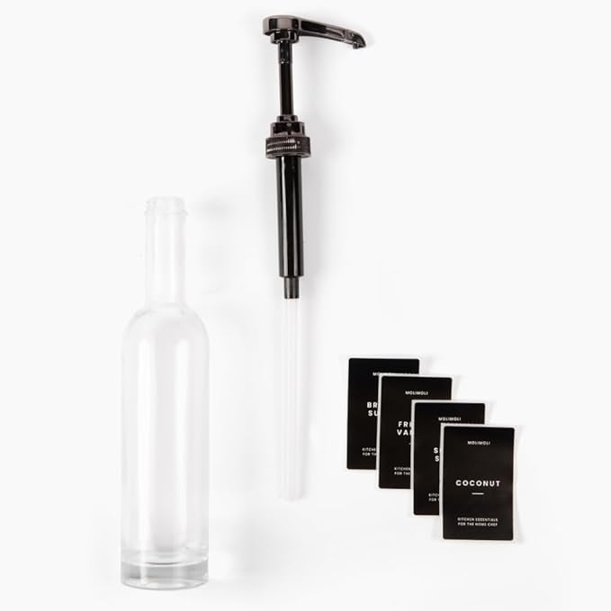 Molimoli Set of 4, 350ml, Coffee Syrup Dispenser for Coffee Bar, Coffee Pump Dispenser, Glass Syrup Bottle w. Pumps, Simple Syrup Dispenser w. Labels (Black)