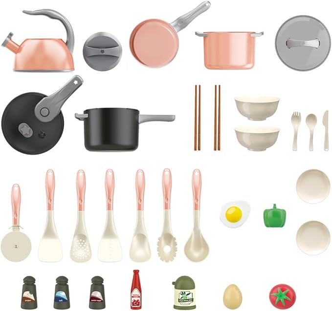 Bruvoalon 32Pcs Kids Play Kitchen Toys Set, Toddlers Pretend Cooking Playset Acccessories with Pots Pans, Utensils Cookware, Foods, Canned Veges, Learning Gift for Kids Girls Boys (Pink)