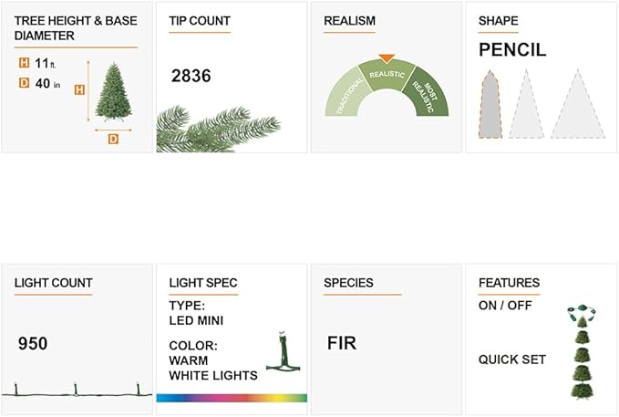 Glitzhome 11ft Prelit Artificial Christmas Tree, Snowy Splendor Fir Hinged Pencil Christmas Tree Holiday Decoration with 950 Warm White Lights and Foldable Metal Stand, Easy Assembly