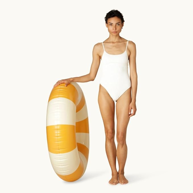 Petites-Pommes Inflatable Swimming Ring for Adults - Durable Inner Tube, Handprinted Classic Striped Design Pool Float, Soft Comfort Seaming, Packable Floats for Travel, Dark Yellow, 47 inch