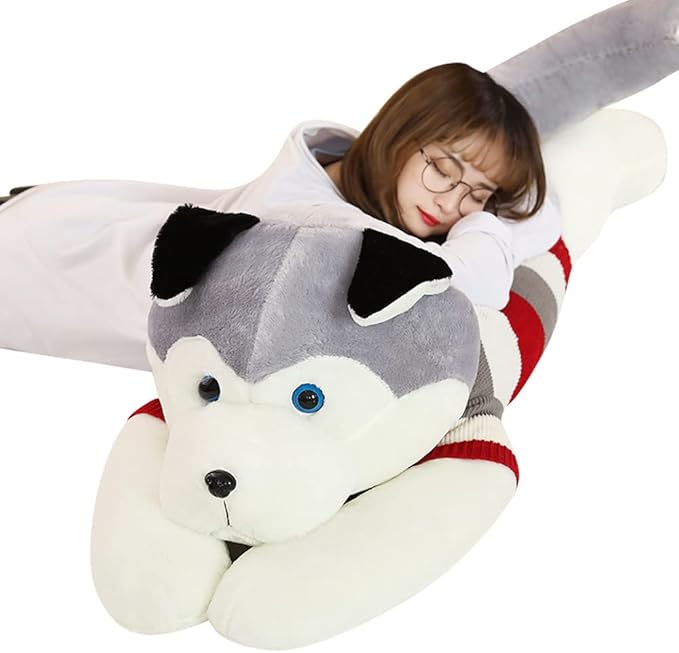 Giant Dog Plush Toy Soft Stuffed Husky Long Pillow Cartoon Animal Doll Sleeping Pillow Cushion Home Decor Kids Easter, Thanksgiving, Christmas, New Year's Gifts(Husky,110cm/43 inch)
