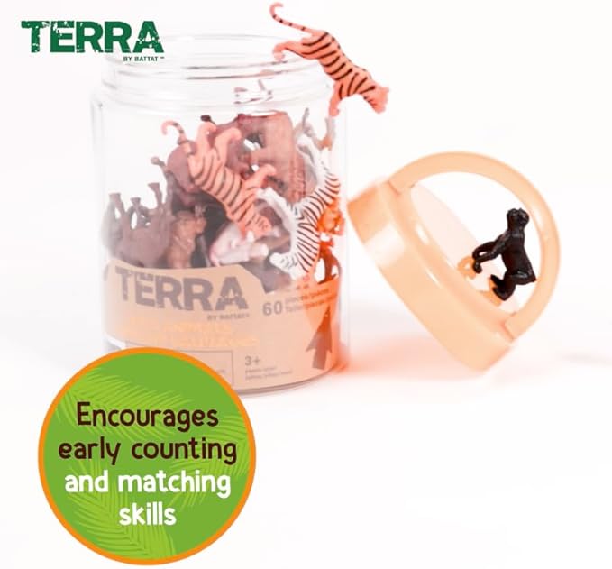 Terra by Battat – 60 Pcs Wild Creatures Tube – Realistic Mini Animal Figurines – Lion, Hippo, Tiger, Bear & More Safari Animals – Plastic Educational Toys for Kids and Toddlers 3 Years +