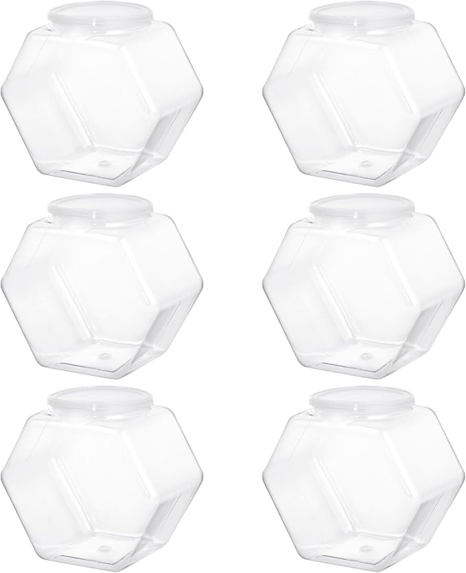 6 PCS Hexagon Plastic Jars, Clear Cookie Jars with Airtight Lids, Candy Jars, Wide Round Mouth Snacks Dog Food Candy Containers, Reusable Coffee Candy Display (30oz)