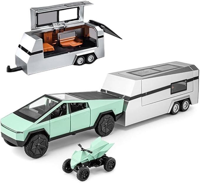 1/32 Pickup Truck and Trailer Toys with Light and Pull Back, Alloy Diecast Pickup Trailer RV Model Kit, Diecast Model Car Toy Truck and Trailer for Boys Adults as Birthday Gifts (Green)