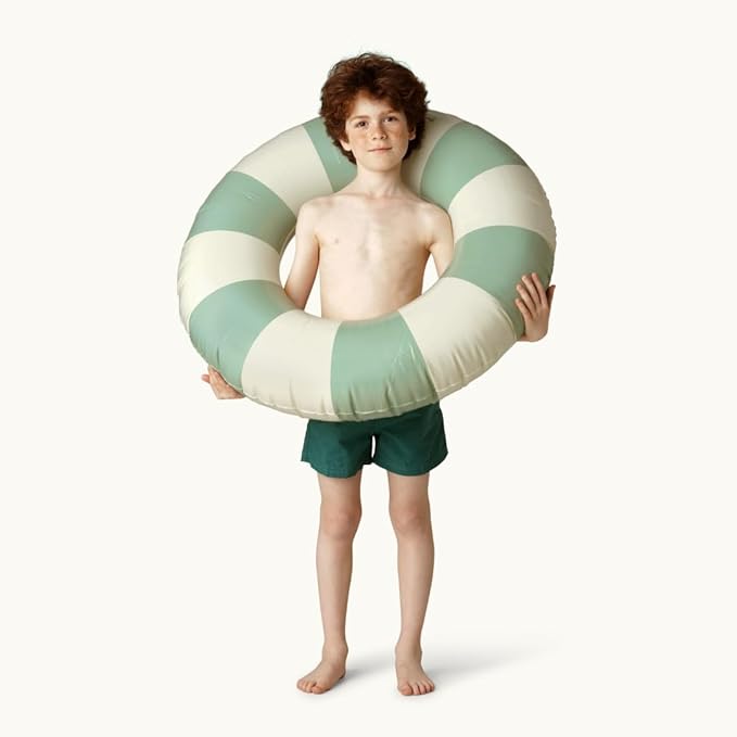 Petites-Pommes Red and White Striped Pool Tube for Kids - Durable Inner Tube, Handprinted Classic Striped Design Pool Donuts, Soft Comfort Seaming, Packable Floats for Travel, Dusty Green, 35 inch