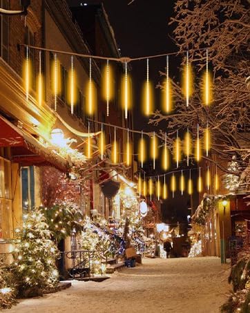 Aokudoni Warm White Christmas Lights Meteor Shower Lights Outdoor 24-Tube 576 LED Snowfall Icicle Cascading Rain Light Christmas Decorations for House Tree Yard Roof Patio Porch Stair, UL Plug