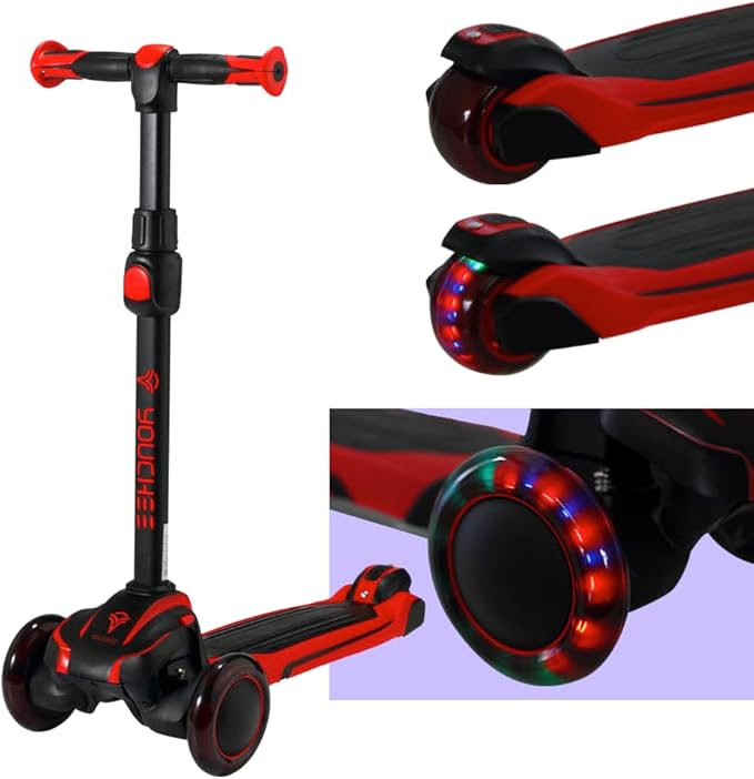 3 Wheels Kick Scooter for Kids Ages 5-12, with Built-in LED Light-Up Wheels, Adjustable Handlebar, Non-Slip Deck and Reliable Brake, Lean-to-Steer Self Balancing.