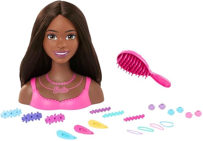 Barbie Doll Styling Head, Brown Hair with 20 Colorful Accessories, Doll Head for Hair Styling