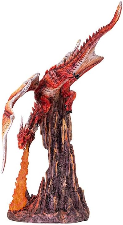 Pacific Giftware Fury Fire Dragon Figurine Red Dragon Sculpture Breathing Fire Over Volcanic Rock Base Dragon Dungeon Decor and Home Display 13 Inches Tall