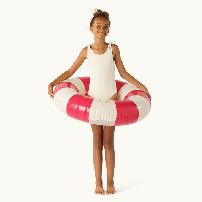 Petites-Pommes Pool Inflatables for Kids - Durable Inner Tube, Handprinted Classic Striped Design Pool Floats, Soft Comfort Seaming, Packable Floats for Travel, Bright Red, 35 inch