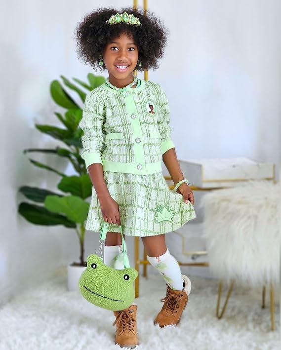 Disney Frozen Elsa Stitch Princess Moana Minnie Toddler Girl 2 Piece Outfit Kid Pearl Button Knit Top & Tweed Skirt Set 2-13Y