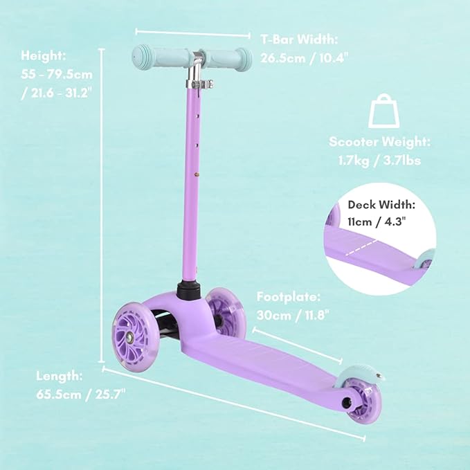 Teeny | 3 Wheel Scooter for Kids & Toddlers Ages 2-6 Years | Flashing Wheels | Height Adjustable 53 to 70 cm | My First Scooter