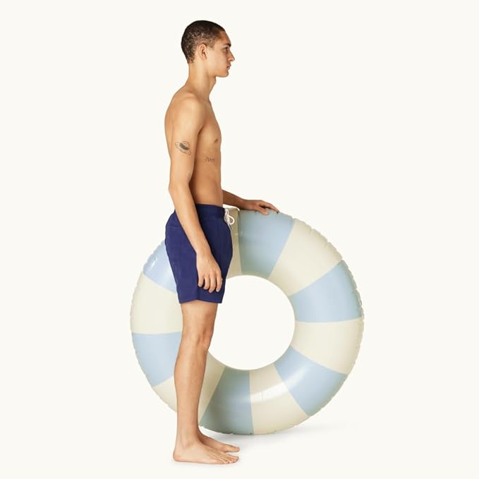 Petites-Pommes Swimming Tube for Adults - Durable Inner Tube, Handprinted Classic Striped Design Pool Tubes, Soft Comfort Seaming, Packable Floats for Travel, Light Blue, 47 inch