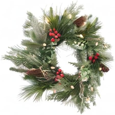 Pre-lit Christmas Wreath for Front Door, Flocked Branches, 30 Inch Battery Operated 50 LED Lights, Decorations for Indoor & Outdoor Green