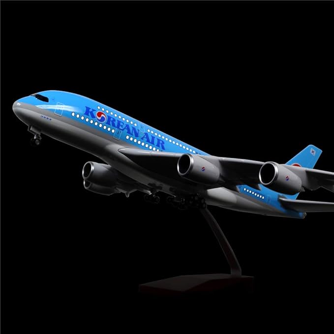 24-Hours 18” 1:160 Airplane Model Korea Airbus 380 Model Plane with LED Light(Touch or Sound Control) for Decoration or Gift