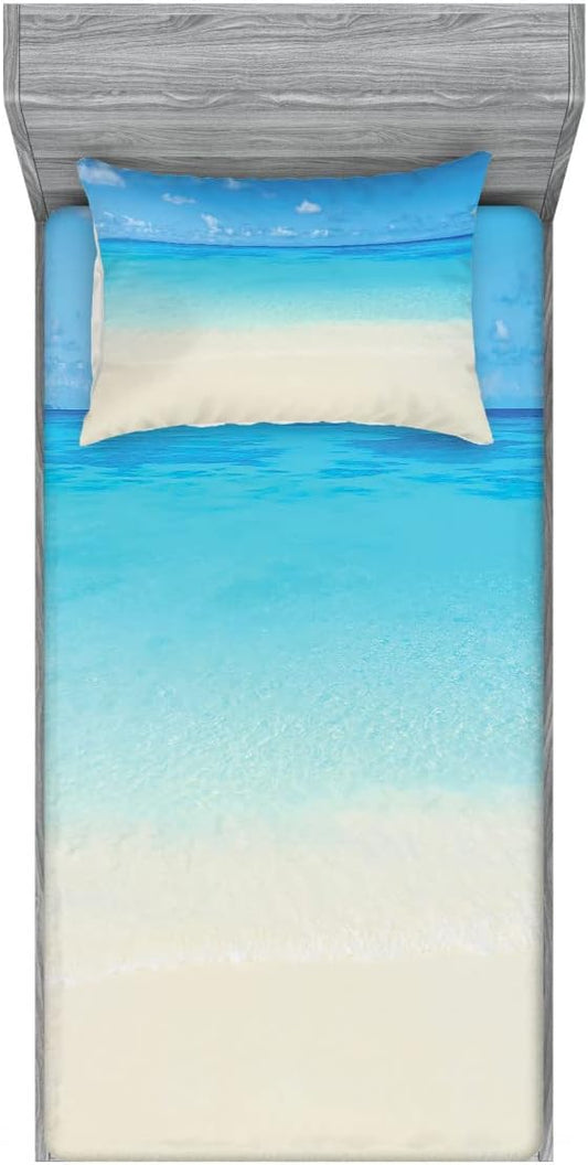 Ambesonne Tropical 2 Pack Fitted Sheet & Pillow Sham Set, Carribean Sea Beach, 4 Pcs Bedding Decor, Package Contains 2 Twin Size Fitted Sheets & 2 Pillow Covers, Cream Navy