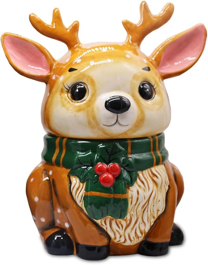 OrnamentallyYou Festive Reindeer 10" Cookie Jar, Christmas Kitchen Festive Deer Decoration