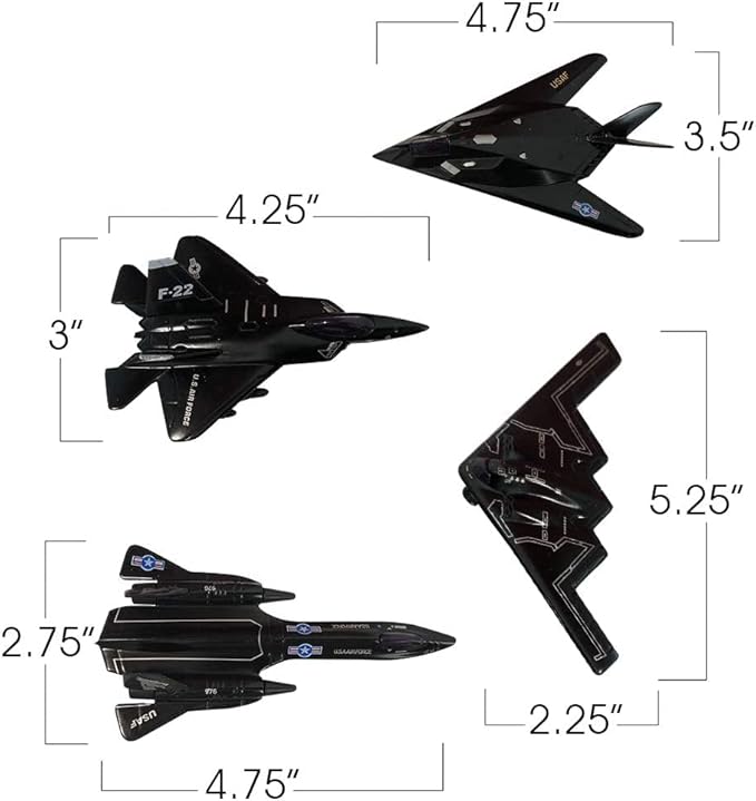 Playmaker Toys - Die-Cast Metal United States Air Force Stealth Aircraft Set, 4.5 Inch, 4-Pack with Pullback Action, B2 Bomber, SR-71 Blackbird, F-117 Nighthawk, F/A-22 Raptor