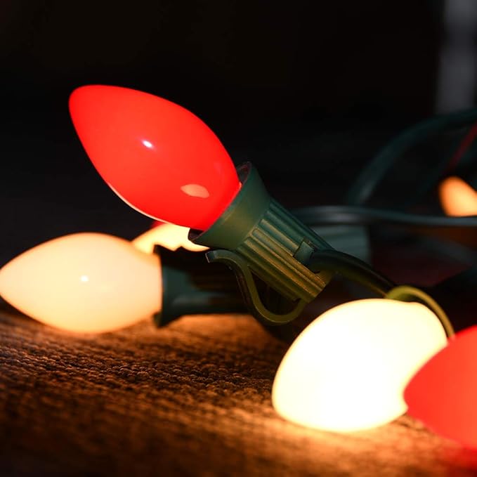 C7 Christmas Lights Outdoor, 25Ft C7 Red and White Christmas Lights with 27 Ceramic Incandescent Bulbs Vintage Christmas Light for Holiday Party Roofline Home Garden Patio Tree Decorations