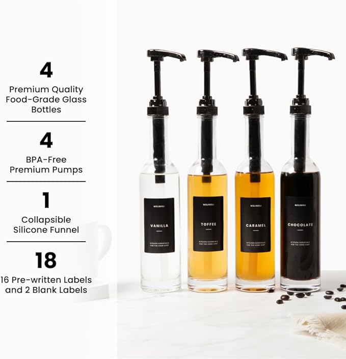 Molimoli Set of 4, 350ml, Coffee Syrup Dispenser for Coffee Bar, Coffee Pump Dispenser, Glass Syrup Bottle w. Pumps, Simple Syrup Dispenser w. Labels (Black)