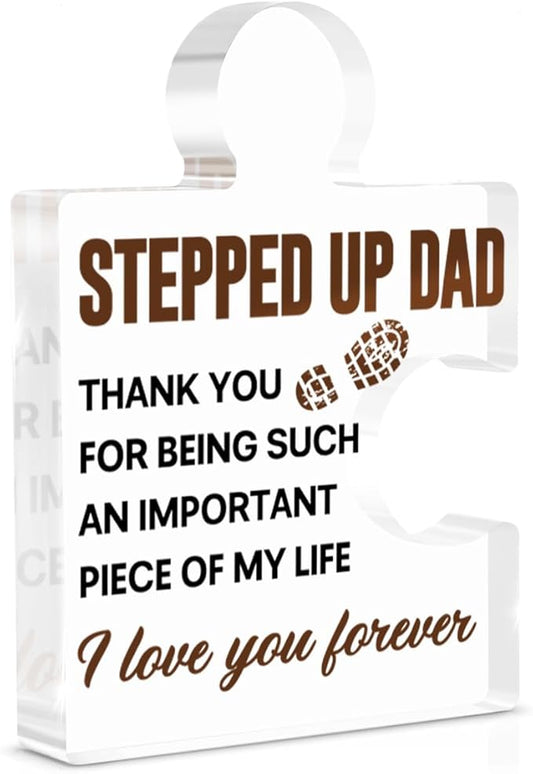 Stepped up Dad Gifts, Step Dad Gifts from Stepdaughter Stepson on Fathers Day, Gift for Stepdad Stepfather Birthday Christmas Acrylic Puzzle Piece Plaque Desk Decorations for Home Decor
