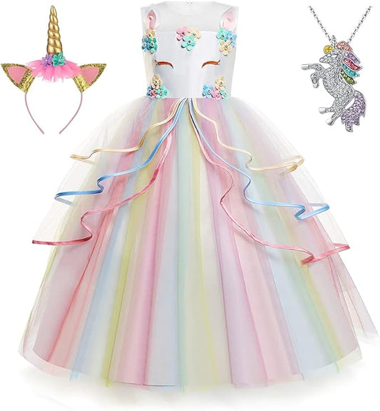 Unicorn Dress for Girls Unicorn Costume Pageant Princess Party Birthday Long Gown with Unicorn Headband & Necklace