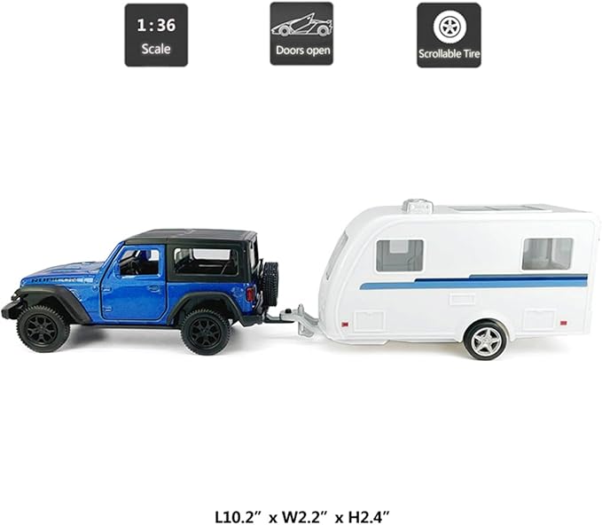 2 Doors Wrangler Rubicon SUV Model Car Trailer Towing Toy Camper RV Motorhome Toys for Boys, Doors Open, 1/36 Scale Diecast Metal Toy Cars, 3 4 5 6 7 Year Old Kids Gifts Cake Topper Home Office Decor