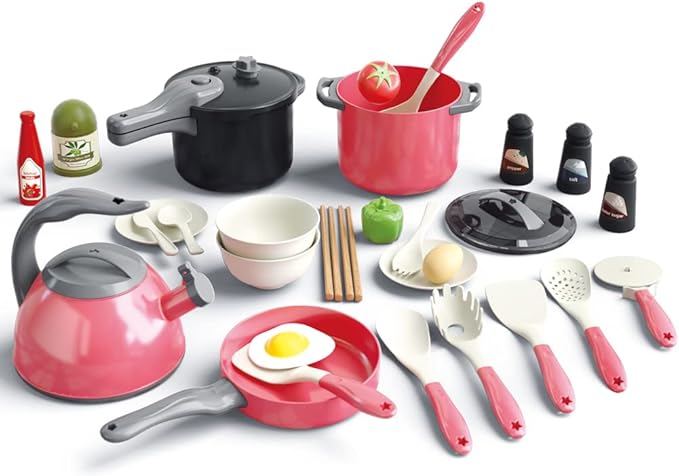 Bruvoalon 32Pcs Kids Play Kitchen Toys Set, Toddlers Pretend Cooking Playset Acccessories with Pots Pans, Utensils Cookware, Foods, Canned Veges, Learning Gift for Kids Girls Boys (Red)