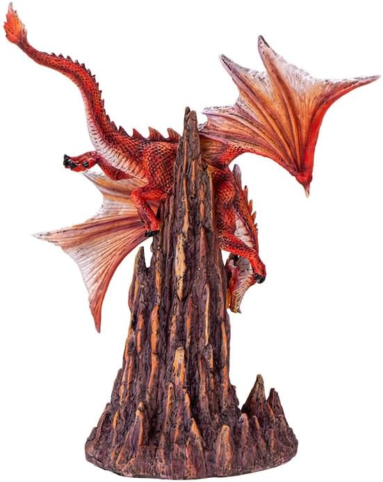 Pacific Giftware Fury Fire Dragon Figurine Red Dragon Sculpture Breathing Fire Over Volcanic Rock Base Dragon Dungeon Decor and Home Display 13 Inches Tall