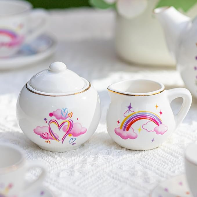 Tacobear Porcelain Tea Set for Girls Toys Unicorn Gift, 13pcs Tea Party Set with Teapot & Cup & Saucer & Suitcase, Kid Kitchen Pretend Playset Birthday Unicorn Toys for Girls 3 4 5 6-8