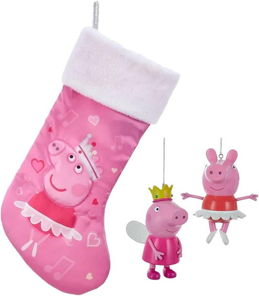 Kurt Adler Peppa Pig Christmas Ornaments and Stocking Set of 3-2 Peppa Ballerina Princess Holiday Tree Ornaments & Stocking - Officially Licensed - Gift for Kids